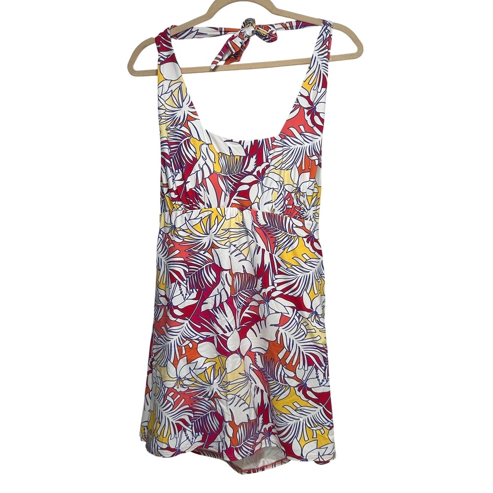 Lands End Womens Tropical Palm Leaf Halter Swim Dress Red Yellow Size L 14-16 - Picture 1 of 5